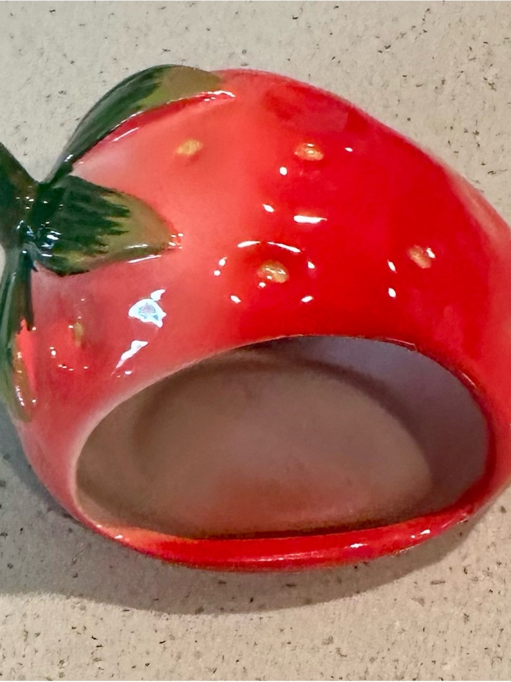 Glazed Red Strawberry scrubber Holder with Green Leaf Accent